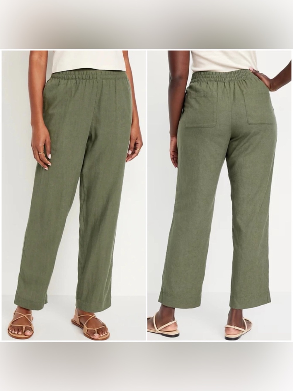 Old Navy Olive High Rise Straight Comfort Elastic Waistband Linen Blend Pants S